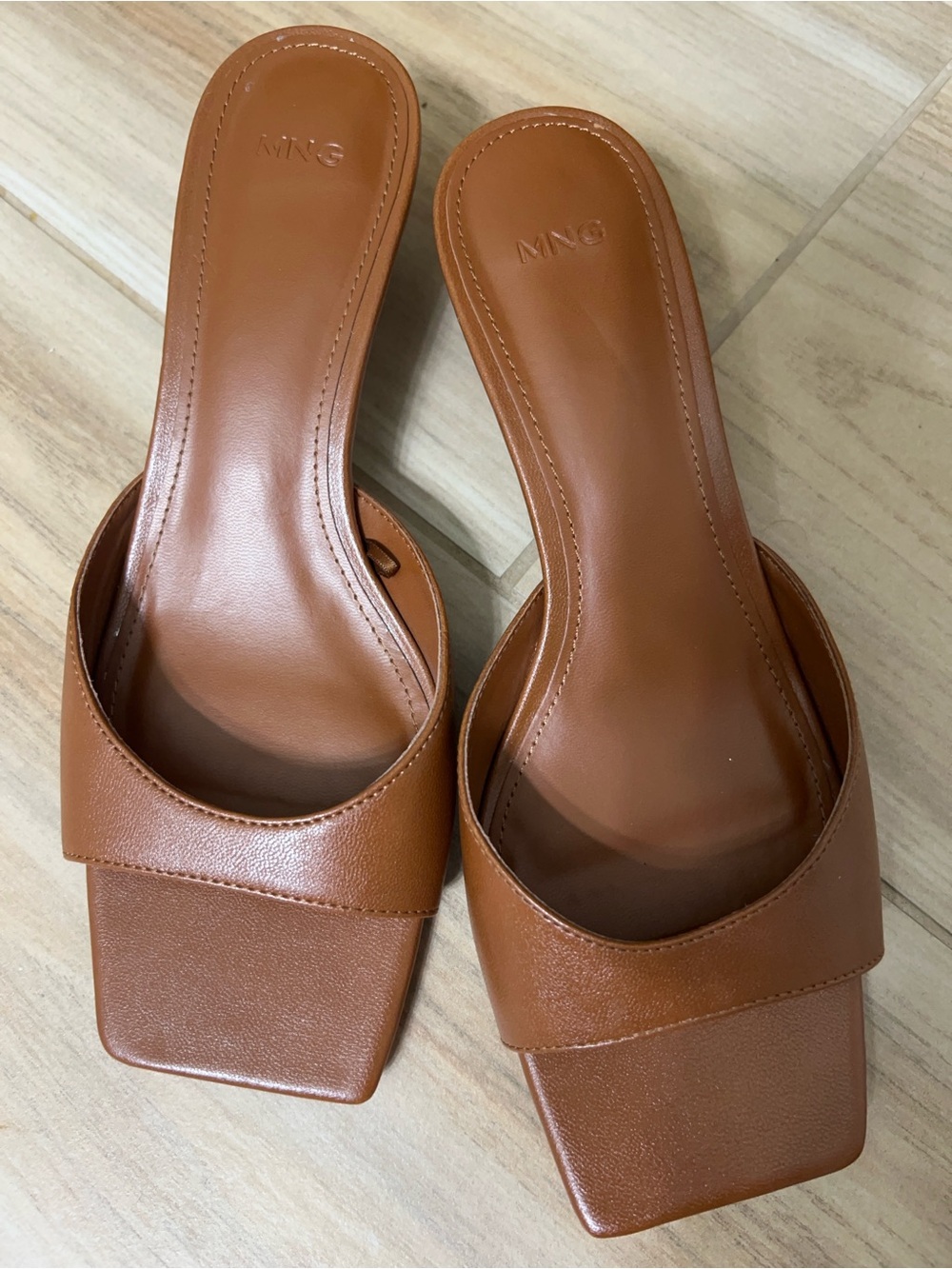 Mango Tan Brown Square-Toe Slide Mules